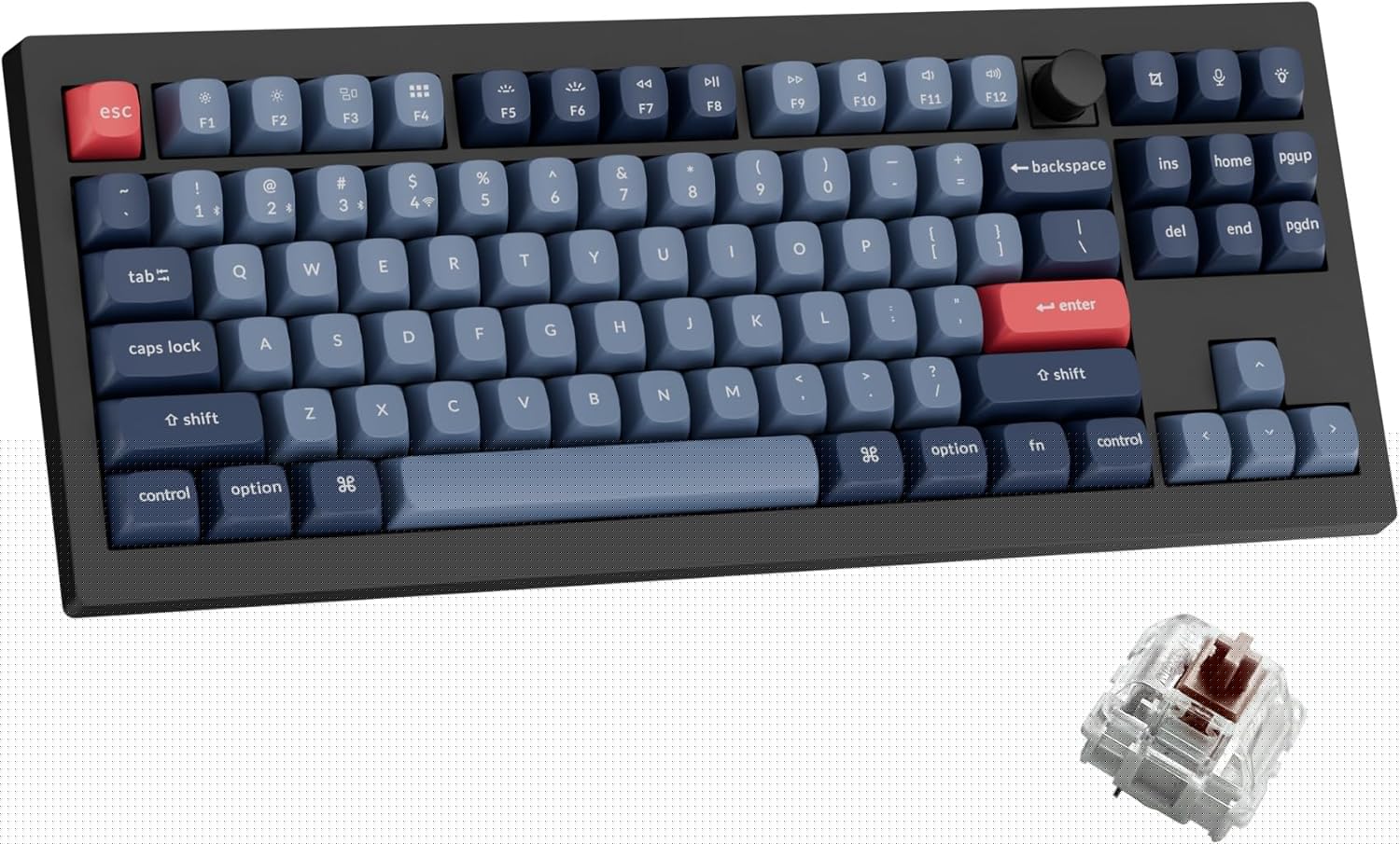 Mechanical keyboard on a home office desk with monitor