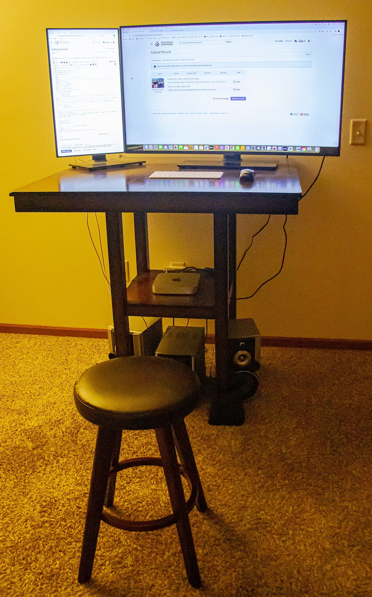Standing desk with dual monitors and keyboard